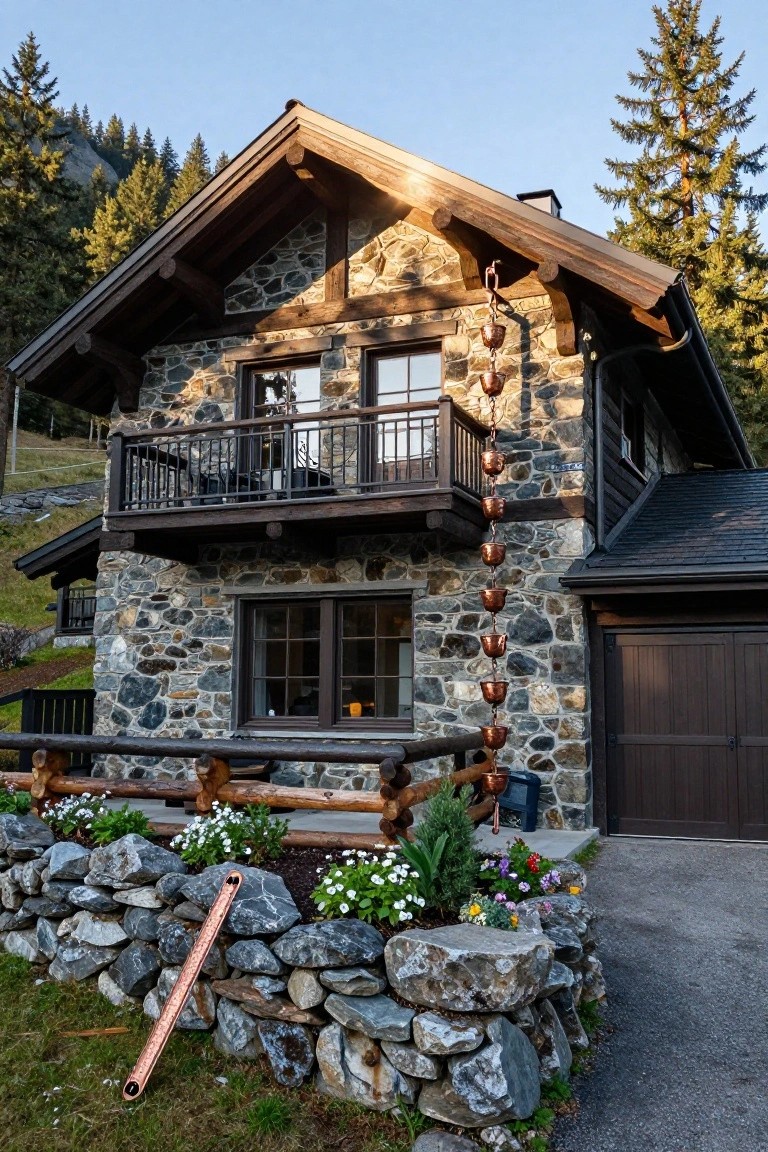 Two-story chalet cabin with gray fieldstone walls, dark timber framing and balcony, copper chain downspouts, wooden garage door, and low stone retaining wall with flowers and plants at the base, set against pine trees and mountains.