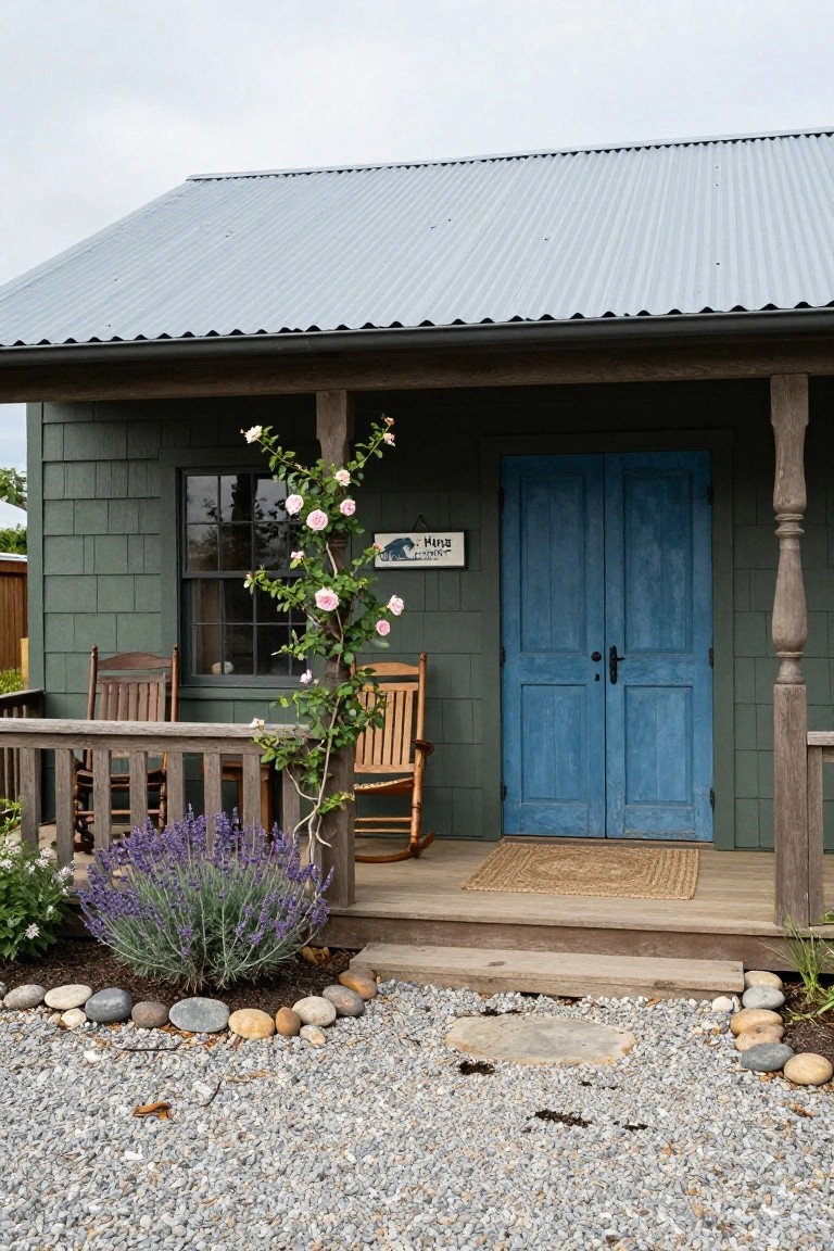 Green shingle-sided cabin with corrugated metal roof, blue double front doors, wooden porch with two rocking chairs, climbing pink rose on post, lavender plant, and gravel yard with rock edging.