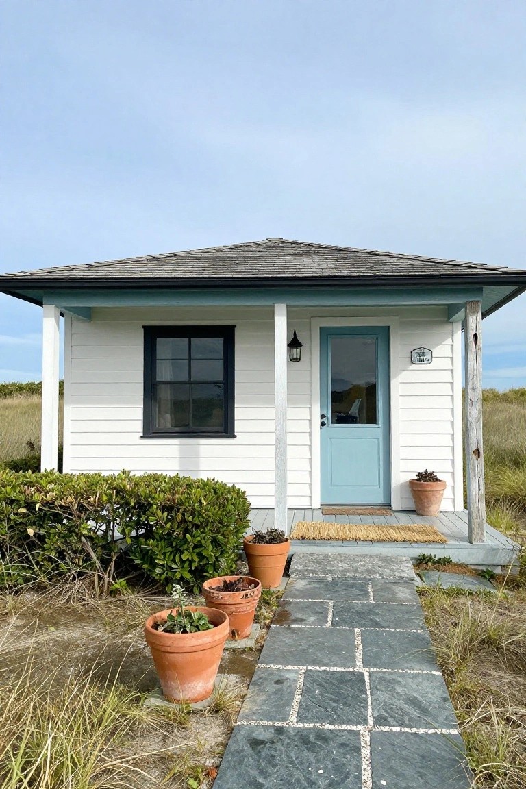 Small white clapboard cabin with black trim, turquoise front door, single black-framed window, porch with wood posts and lantern, potted plants, stone path, and surrounding sandy dunes with grass.