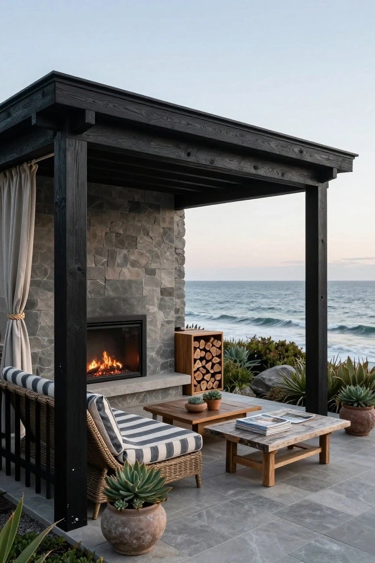 Black timber pavilion sheltering a lit stone fireplace, wood storage beside it, striped lounge chair with cushions, wooden coffee table with magazines, potted plants, and ocean waves in the background on a tiled patio.