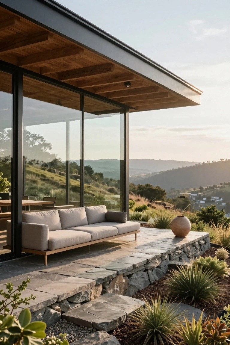 Black-framed glass walls and exposed wooden beams form a cantilevered pavilion overhanging a stone terrace with a beige sofa, dining table inside, potted plants, and agave shrubs, overlooking grassy hills and distant homes at sunset.