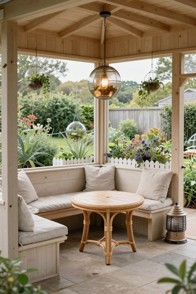 Wooden pavilion featuring built-in L-shaped bench with beige cushions around a round rattan table, hanging glass plant spheres, lanterns, and surrounding garden with flowers and picket fence.
