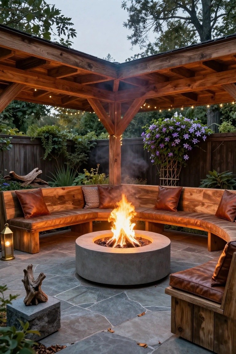 Wooden pavilion with curved benches upholstered in brown cushions encircling a lit concrete fire pit on slate pavers, string lights overhead, garden plants and fence in background.