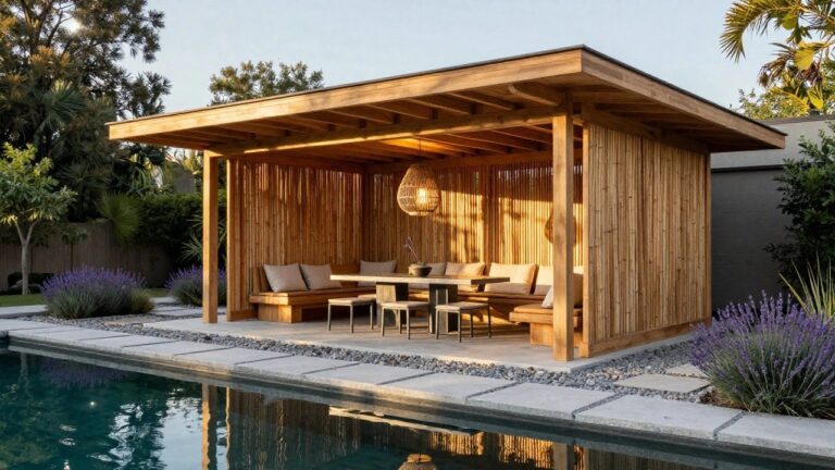21 Brilliant Wood Pavilion Architecture Ideas for Outdoor Escapes Wooden pavilion with built-in benches around a rectangular table, two stools, bamboo privacy screens, hanging rattan lantern, lavender plants, pebble path, and adjacent swimming pool.