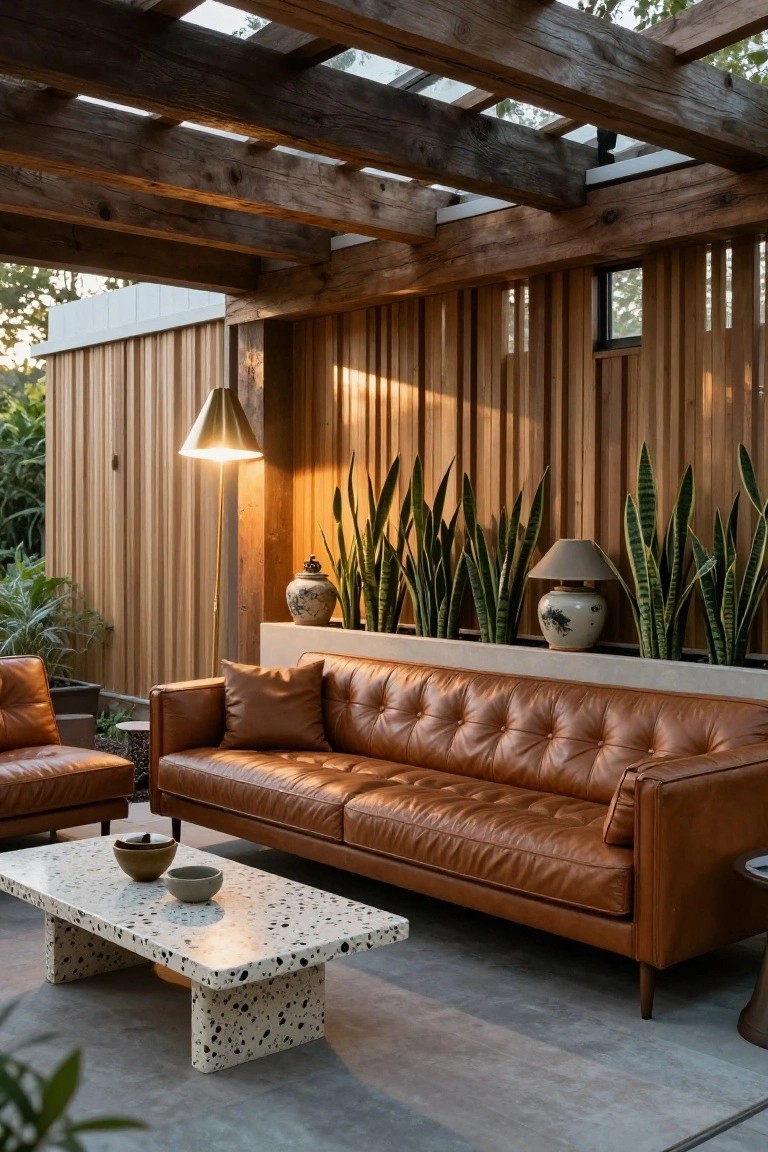 Outdoor seating area under exposed wooden beams featuring a tan leather L-shaped sofa, matching armchair, white terrazzo coffee table with ceramic bowls, tall potted snake plants, and floor lamps against a vertical wood slat wall.