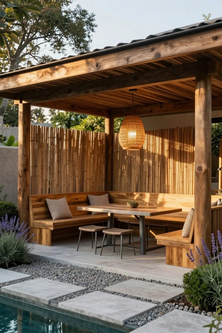 Wooden pavilion with built-in benches around a rectangular table, two stools, bamboo privacy screens, hanging rattan lantern, lavender plants, pebble path, and adjacent swimming pool.