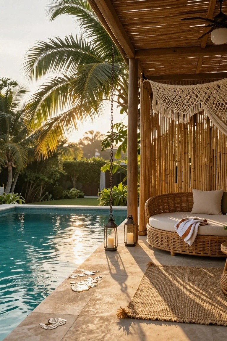 Bamboo pavilion with curved rattan sofa, white cushions, hanging lanterns, and macrame beside a turquoise pool edged in stone tile, surrounded by palms and plants at sunset.