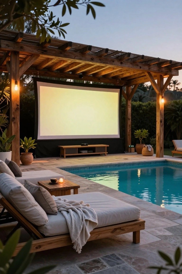 Wood pavilion with projector screen beside an infinity-edge pool at dusk, including outdoor loungers, potted plants, and hanging lanterns