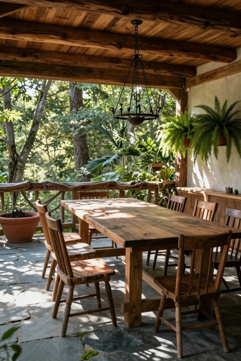 Wooden pavilion with exposed beams and hanging lantern over a long rustic dining table with ladder-back chairs on a stone patio surrounded by potted plants and dense forest.