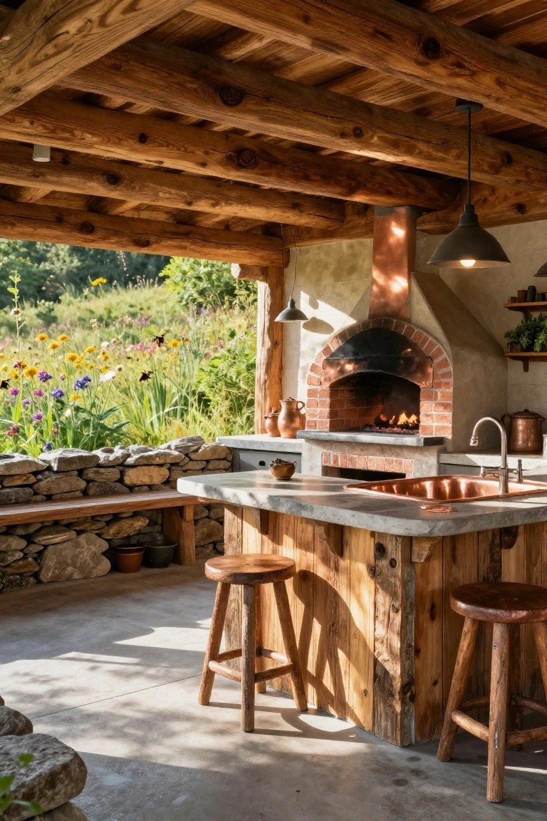 Outdoor pavilion with exposed wooden beams, brick wood-fired oven, concrete island countertop with copper sink and faucet, wooden bar stools, stone walls and bench, potted plants, and garden view with wildflowers.