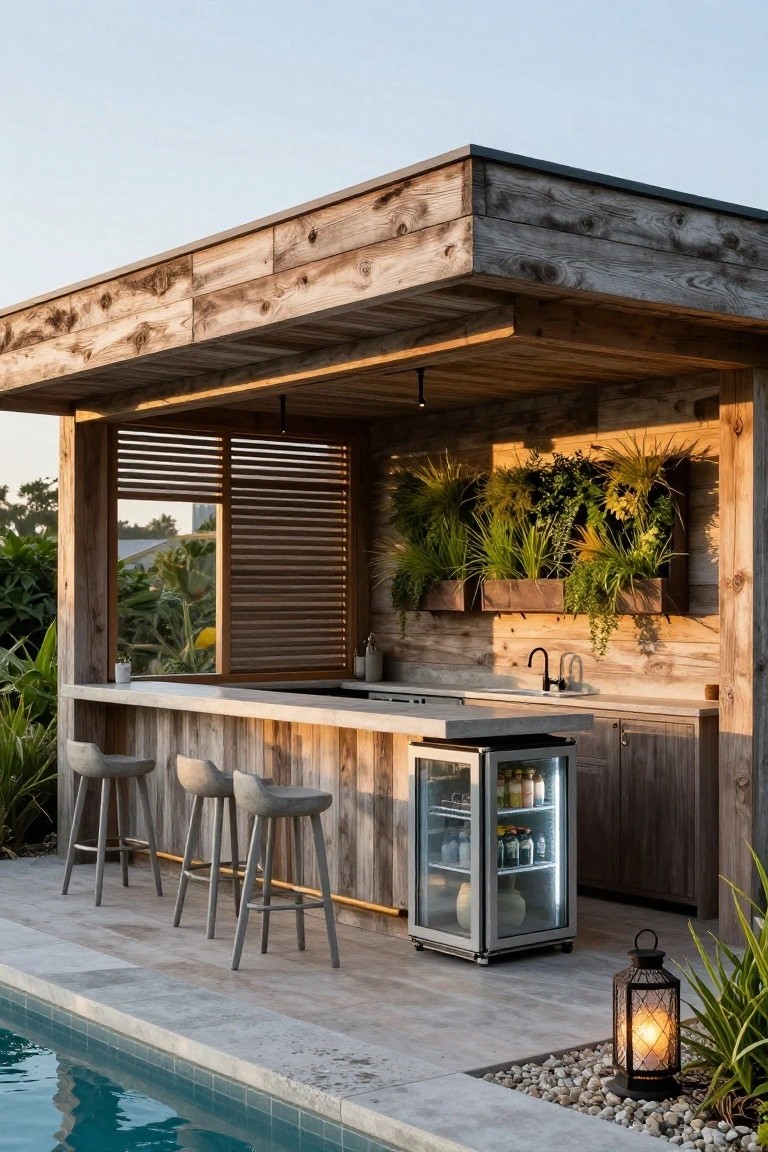 Wooden pavilion with slatted screens, vertical plant wall, concrete bar counter, gray stools, beverage fridge, and sink next to a pool with pebble edging.