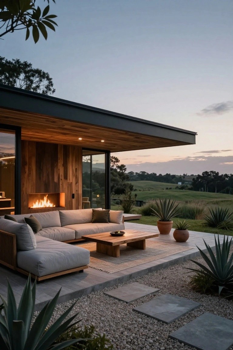 Modern outdoor pavilion with black cantilevered roof, vertical wood-clad walls, open glass doors to house interior, linear gas fireplace, L-shaped beige outdoor sofa, low wooden coffee table, potted plants, agave plants in gravel yard, and view of green hills at dusk.
