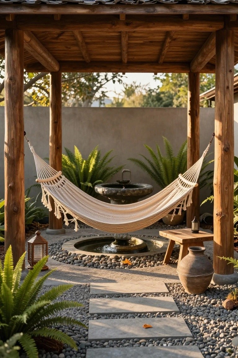 Open wooden pavilion with thick posts supporting a beige rope hammock over a circular stone fountain, surrounded by ferns, lanterns, pottery, pebble groundcover, and stone pavers.