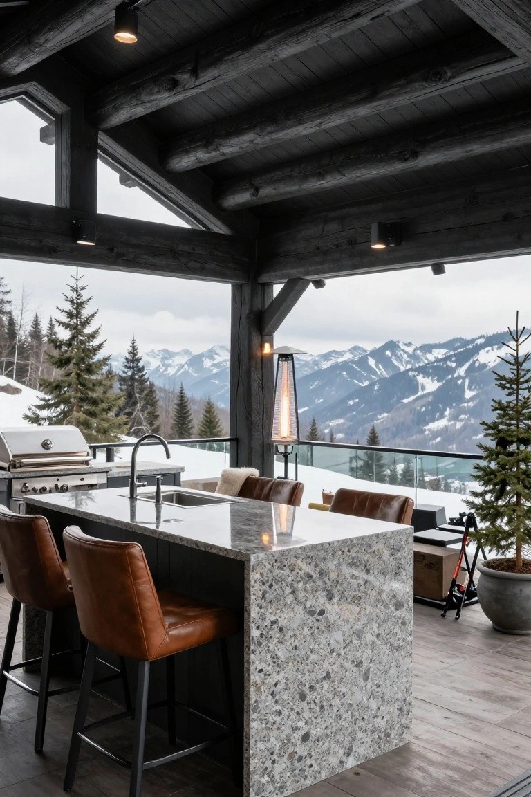 Outdoor kitchen bar with granite countertop, sink, gas grill, leather barstools under exposed dark timber beam pavilion overlooking snowy mountains and pine trees.