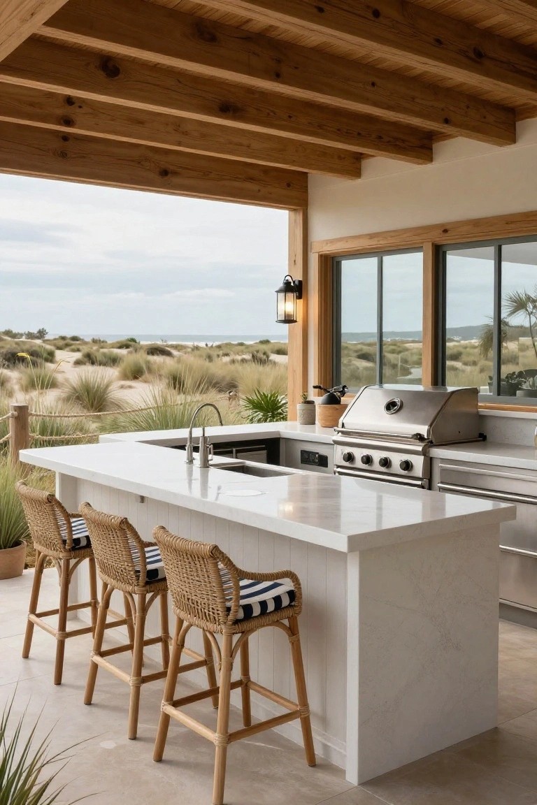Outdoor kitchen island with white quartz countertop, sink, stainless steel grill, and rattan barstools under wooden beamed pavilion, facing sand dunes and ocean through windows.