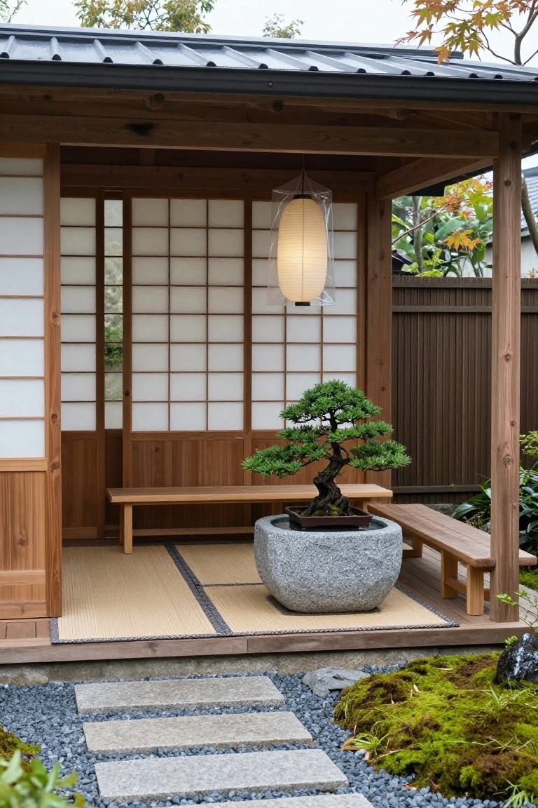 Wooden pavilion with shoji screen walls, hanging paper lantern, central bonsai tree in gray stone pot flanked by benches on tatami mat floor, stone steps leading to gravel and moss garden.