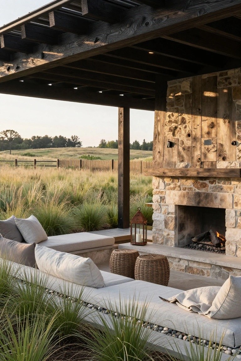 Outdoor pavilion under dark wooden beams with a lit stone fireplace, low beige cushioned seating on concrete platform, wicker stools, lanterns, and tall grasses bordering a rural field landscape.