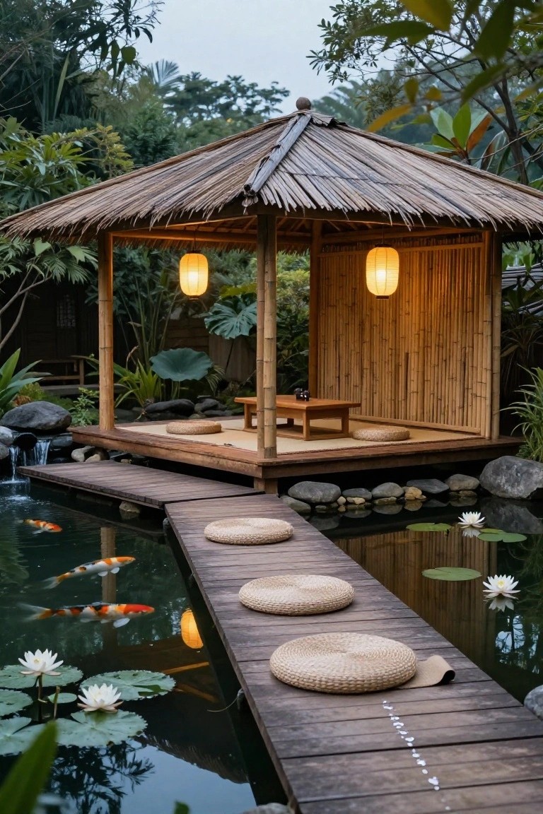 Wooden pavilion with thatched roof and bamboo walls elevated over a koi pond, connected by a wooden bridge with woven cushions, featuring lanterns, low table, and surrounding tropical greenery and rocks.