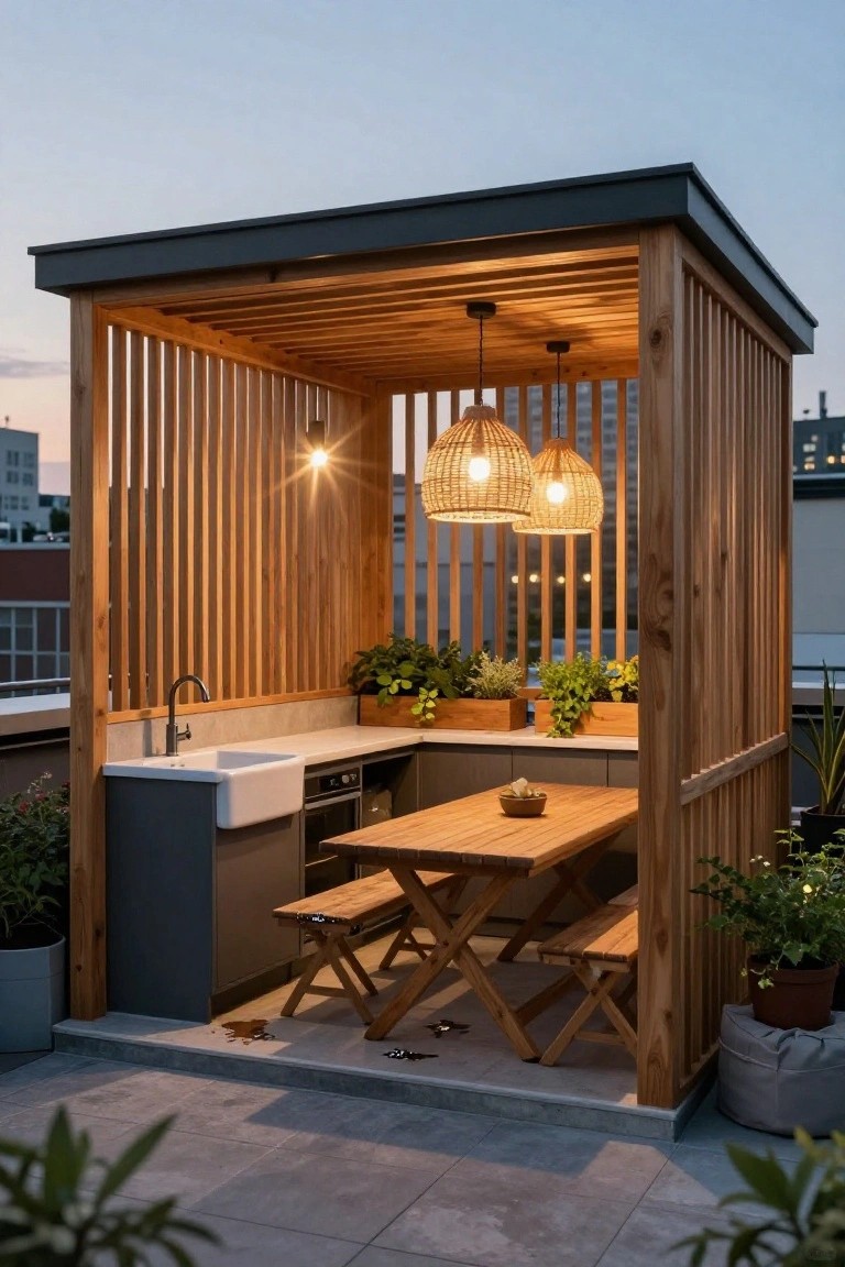 Wooden slatted pavilion on a rooftop terrace with integrated gray outdoor kitchen, white farmhouse sink, wooden dining table and benches, rattan pendant lights, and various potted plants.