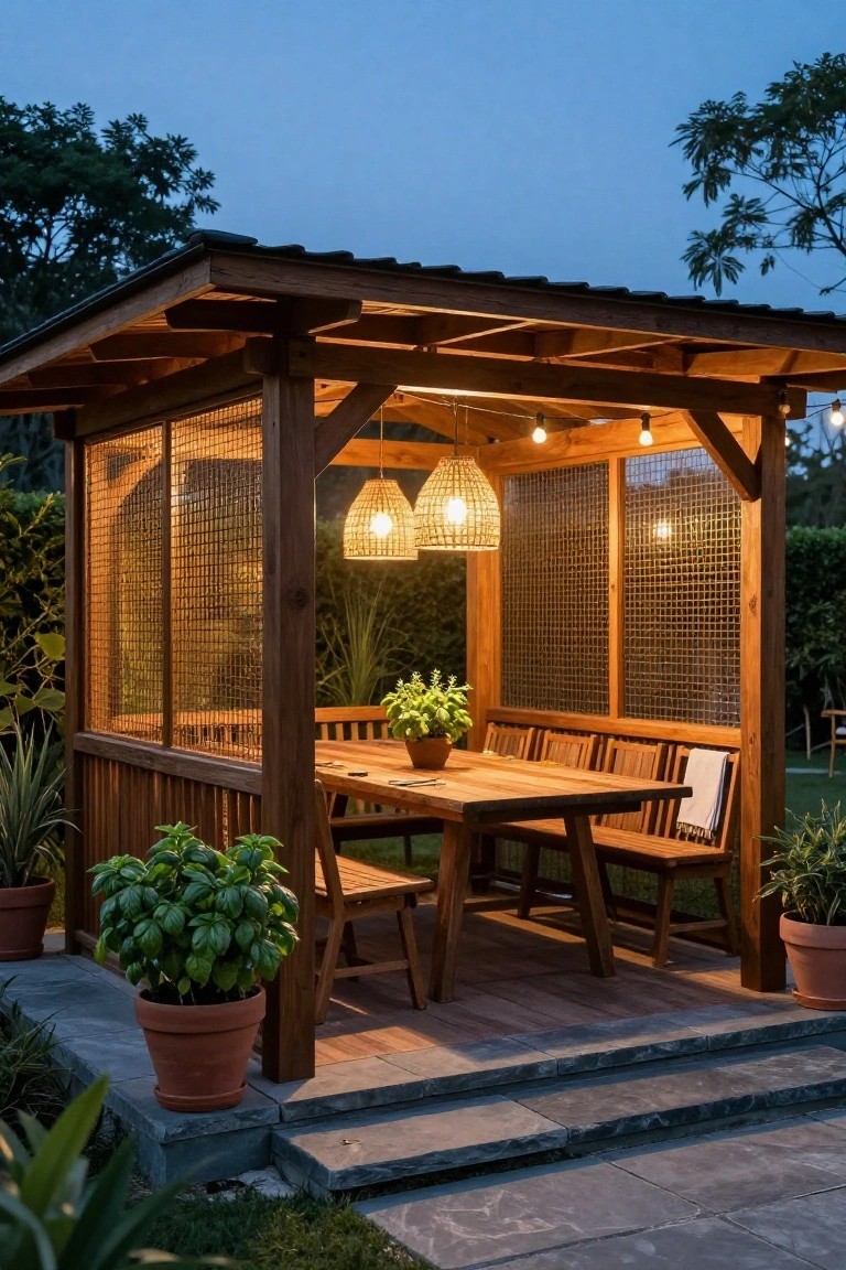 Wooden pavilion structure with lattice mesh screens on sides, wooden dining table and benches inside, potted plants, hanging lights, and steps leading to a stone patio at dusk.
