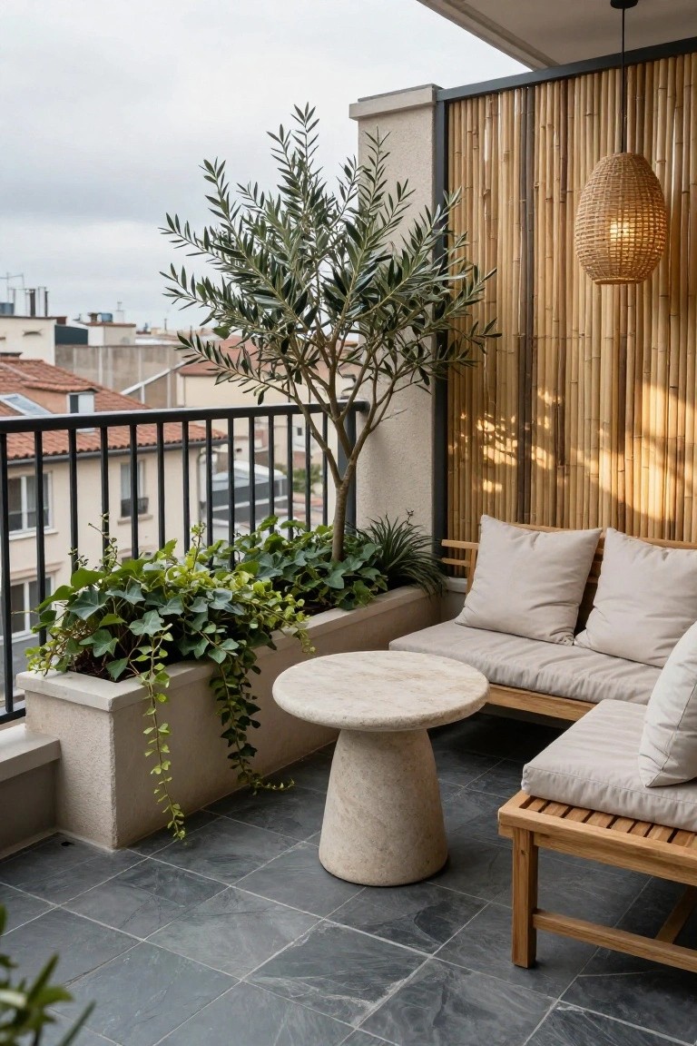 Balcony with light wood L-shaped bench with beige cushions, round white stone pedestal table, potted olive tree, ivy-filled concrete planter, bamboo privacy screen, and black metal railing on gray tiled floor.