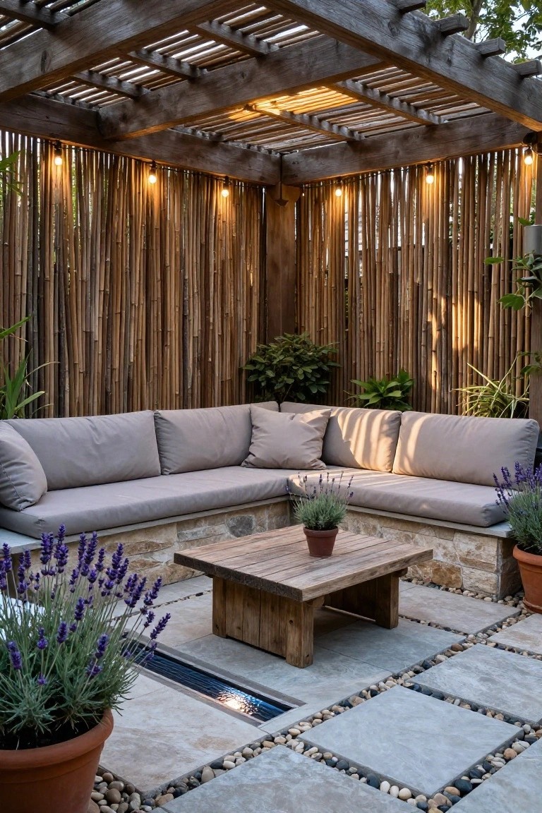 Wooden pergola covering a corner outdoor lounge with bamboo screen walls, L-shaped gray sofa on stone base, wooden coffee table, potted lavender plants, and stone pavers edged with pebbles.