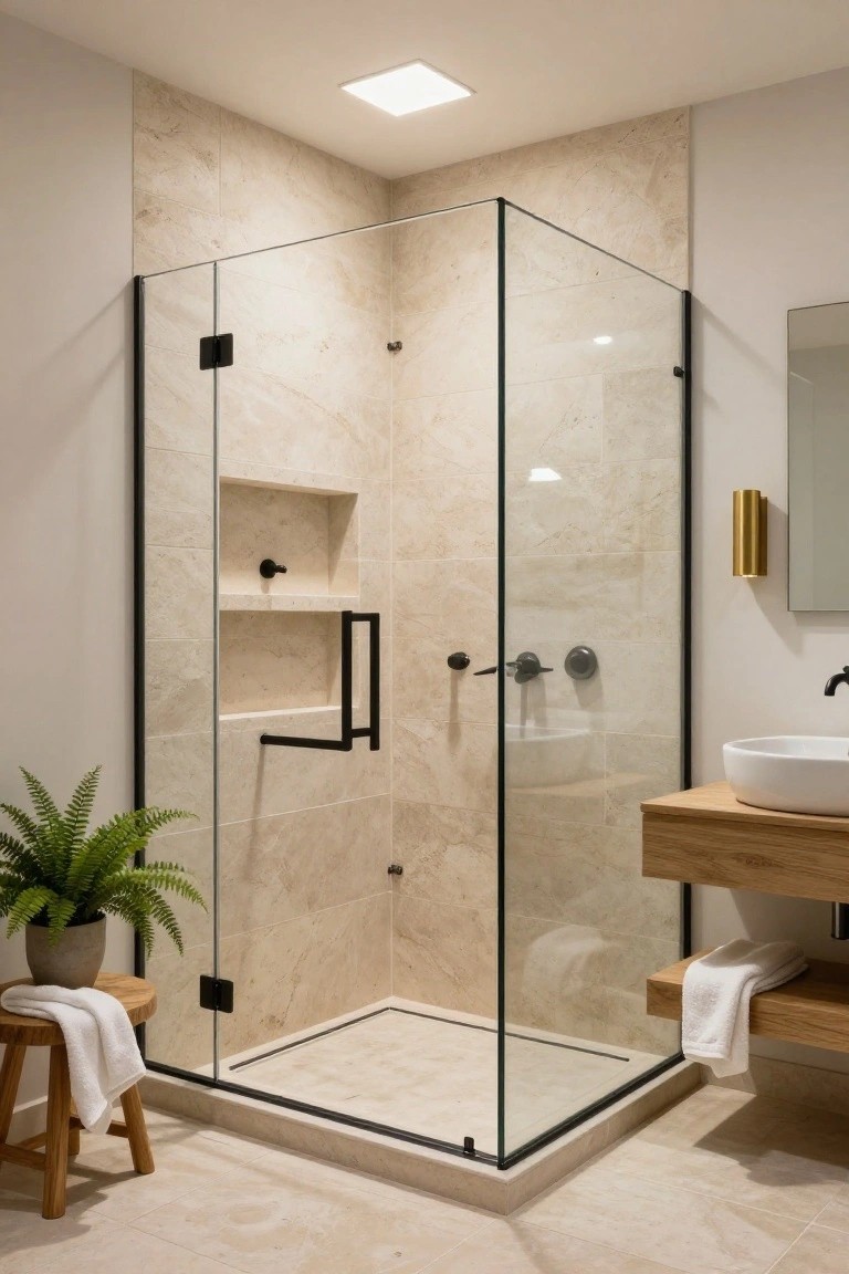 Corner frameless glass shower with beige stone tile walls, built-in niche shelf, black fixtures, next to floating oak wood vanity with round white sink, wooden stool with white towel, and potted fern on tiled floor.
