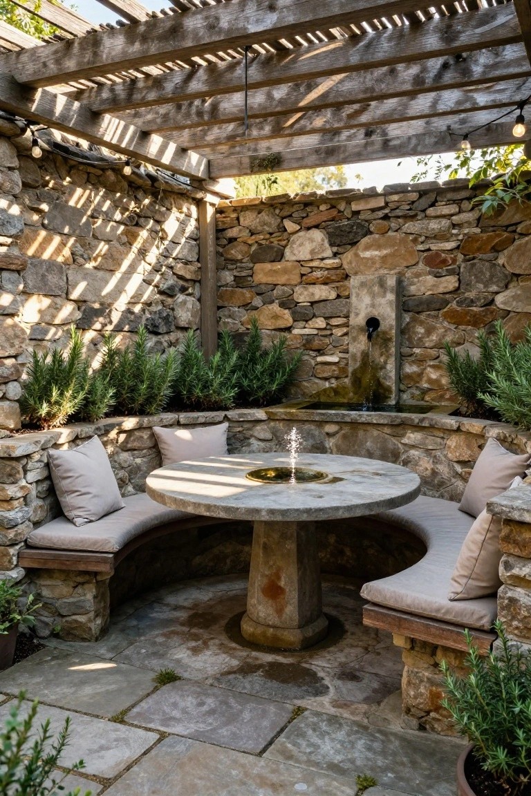 Curved stone bench with beige cushions around a round stone table in a walled outdoor area with rosemary plants, wall fountain, wooden pergola, and stone pavers.