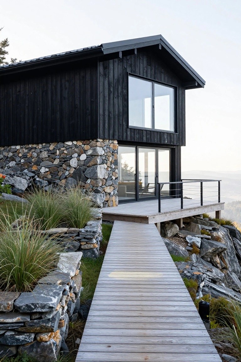 Black timber-clad modern cabin with dry-stacked stone base walls on a rocky hillside, featuring a wooden walkway leading to an elevated deck overlooking distant mountains.