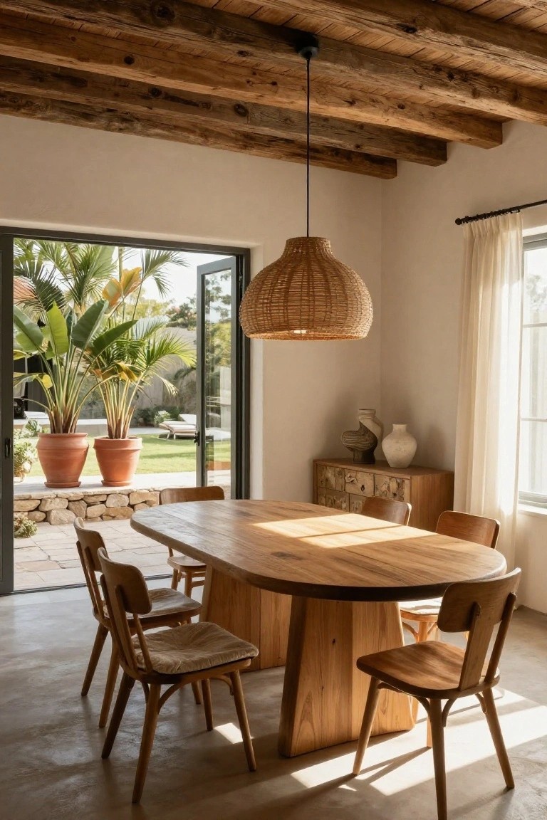 Light-filled dining room interior with exposed wooden beam ceiling, oval wooden dining table and chairs, rattan pendant lamp, wooden sideboard with ceramic vases, white walls, and open glass doors to outdoor terrace with potted palms and stone paving.