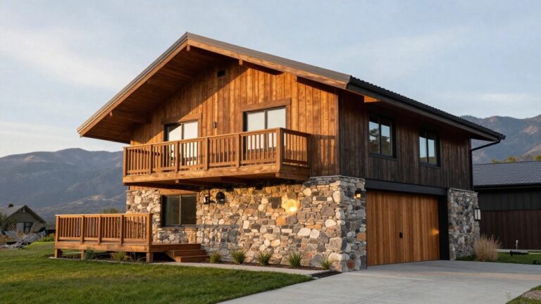 22 Chic Wood and Stone Architecture Ideas for an Earthy Modern Feel Two-story wooden house exterior with a prominent central stone chimney, upper balcony, lower garage door, and front grass landscaping.
