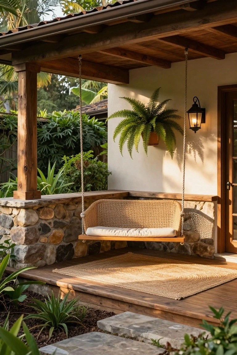 Beige woven swing chair suspended by ropes from wooden beams on a covered porch with stone walls, potted fern, wall lantern, seagrass rug, and surrounding tropical plants on a wooden deck.
