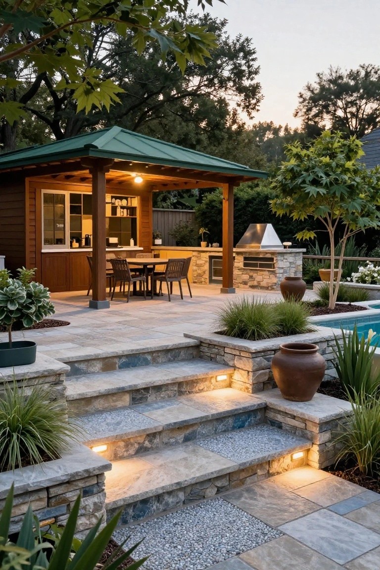 Outdoor kitchen pavilion with wood siding, stone counter and barbecue, dining table with chairs under green metal roof, lit stone steps leading to pool, plants and trees around patio at dusk.