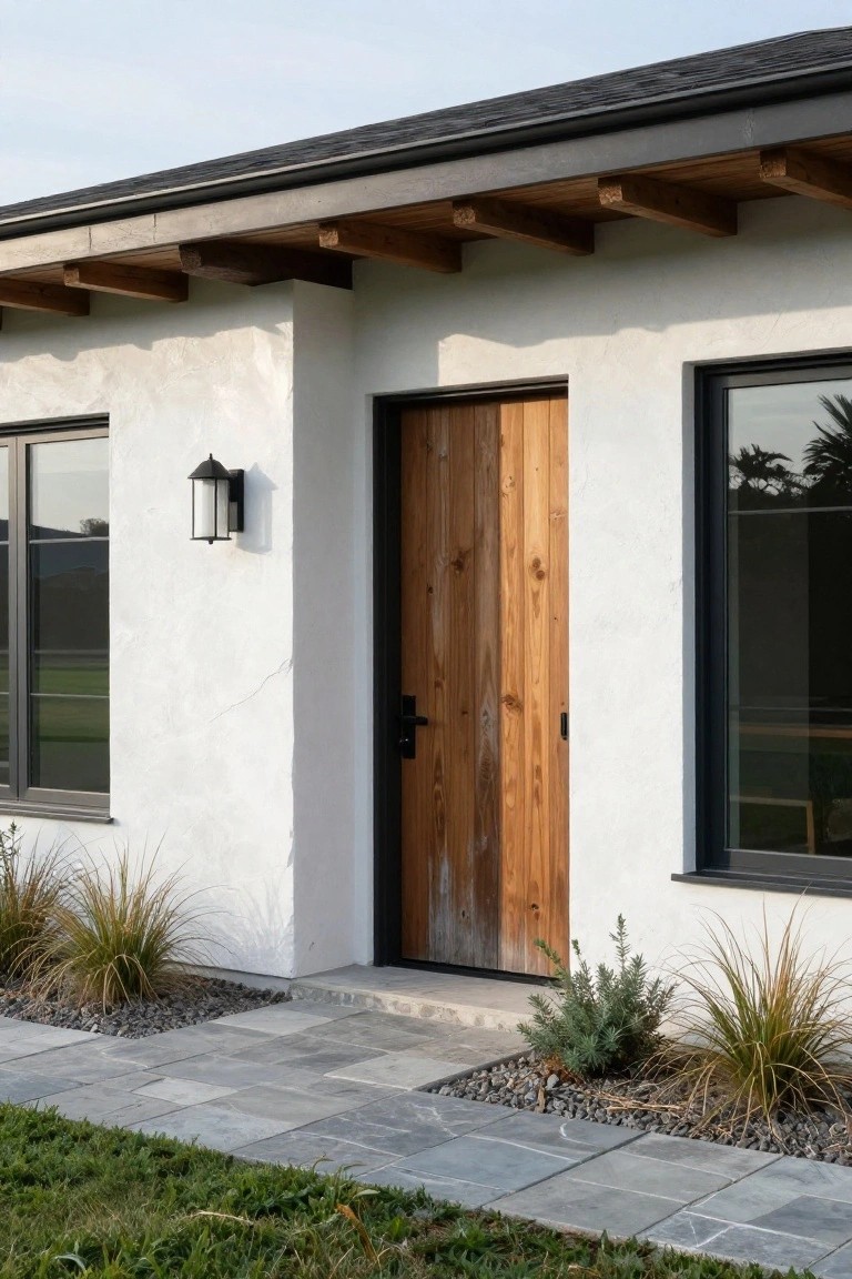 Exterior close-up of a white stucco house wall with a tall vertical-plank wooden entry door, black metal lantern light beside it, black-framed windows, slate stone pathway, gravel beds with grasses, and adjacent green lawn.