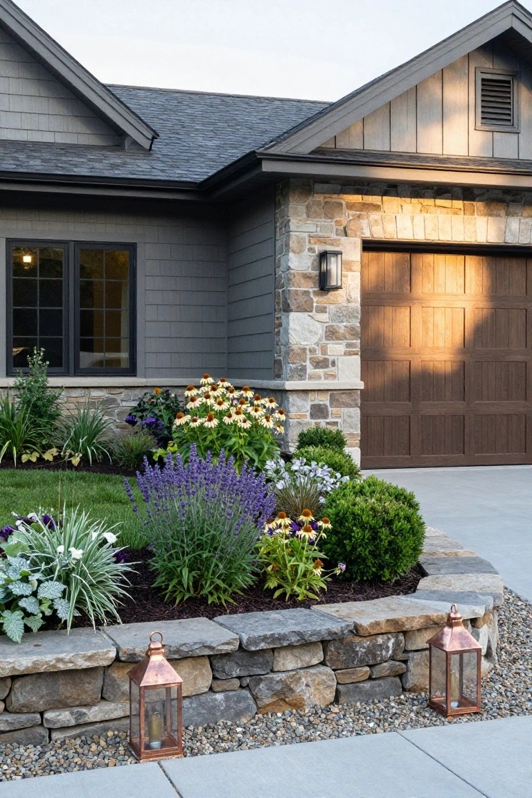 Gray shake siding house exterior featuring stone garage accents and retaining wall with copper lanterns, surrounded by landscaped beds and a concrete driveway.
