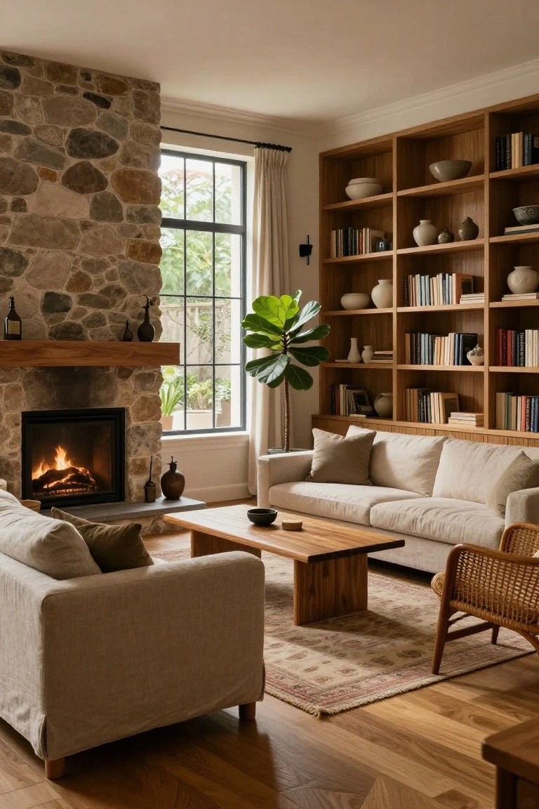 Living room interior with a tall textured stone wall featuring a wood-mantel fireplace, adjacent tall wooden bookshelves holding books and pottery, beige sofa, wooden coffee table, rattan chair, and large window with greenery outside.