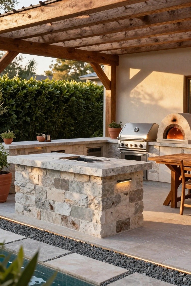 Outdoor patio under wooden pergola with central stone island counter containing sink and fire feature, adjacent stainless steel grill and pizza oven, wooden dining table with chairs, potted plants, and turquoise pool nearby.