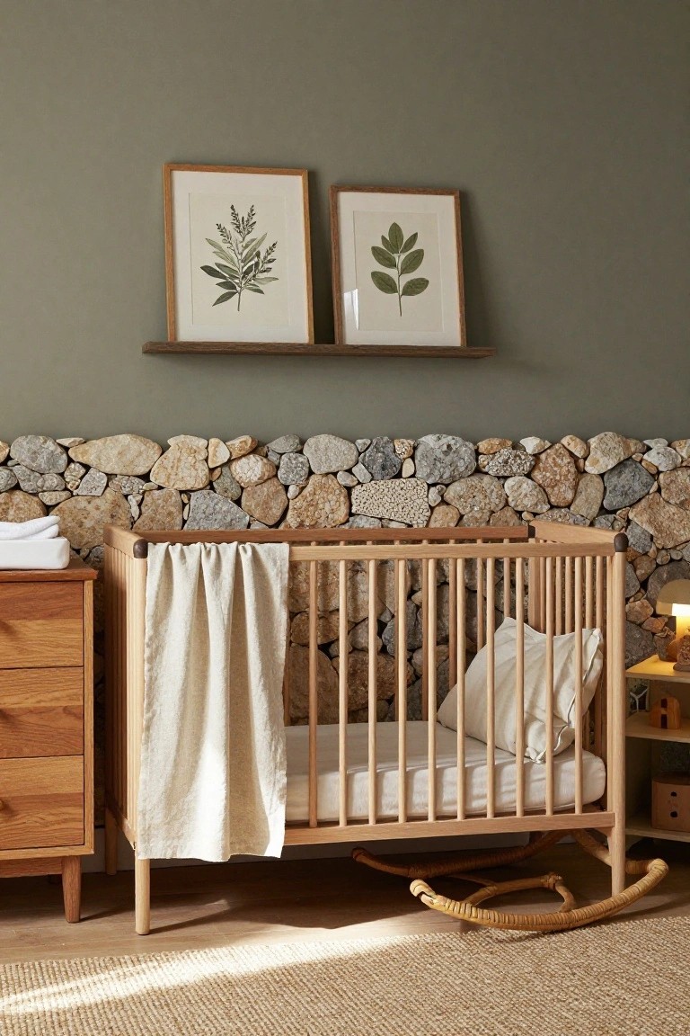 Nursery interior with light wooden crib draped in white linen, wooden dresser and changing table, lower walls clad in varied gray and beige stone, upper sage green walls, two framed leaf prints on a wooden shelf, bedside lamp, rocking chair, and seagrass rug on wood floor.