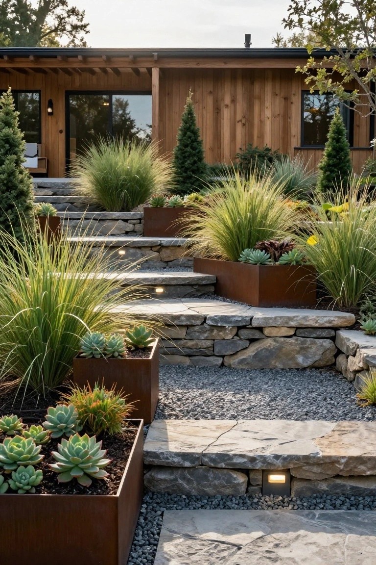 Terraced dry-stacked stone steps leading to a cedar-clad modern house, with corten steel planters containing succulents and ornamental grasses, gravel mulch, and fir trees on a sloped site.