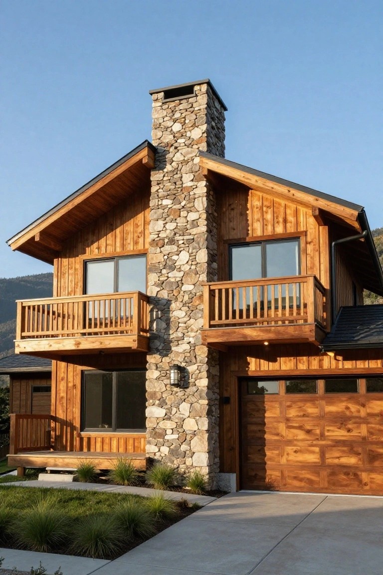 Two-story wooden house exterior with a prominent central stone chimney, upper balcony, lower garage door, and front grass landscaping.