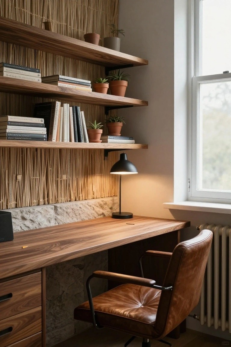 Home office interior with floating wooden shelves holding books and potted plants, wooden desk with drawers on stone plinth base, black desk lamp, brown leather desk chair, bamboo reed wall covering, white window, and radiator.