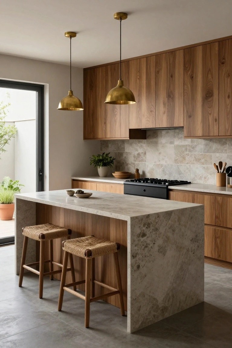 Contemporary kitchen interior with vertical grain walnut cabinets, light veined stone waterfall-edge island, two rattan bar stools, brass pendant lights, black gas range, and sliding glass door overlooking plants.