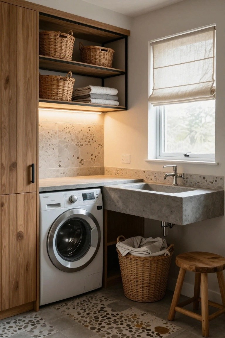 Laundry room interior with tall wooden cabinets enclosing a white front-loading washer, gray concrete sink on a stone backsplash, open shelves holding wicker baskets and towels, floor basket, wooden stool, and window with linen blinds.