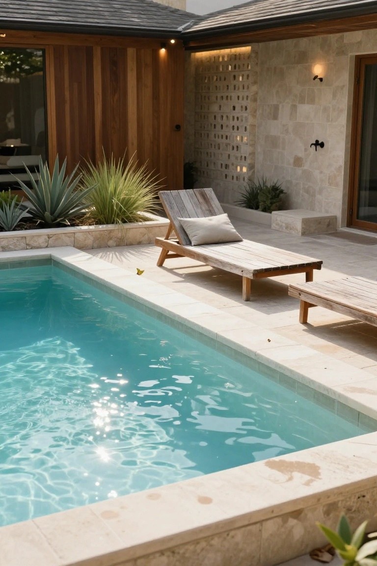 A rectangular turquoise pool edged in beige stone tiles, with two weathered wooden lounge chairs on the adjacent stone deck, next to a house wall of vertical timber boards and textured stone screens, accented by agave plants.