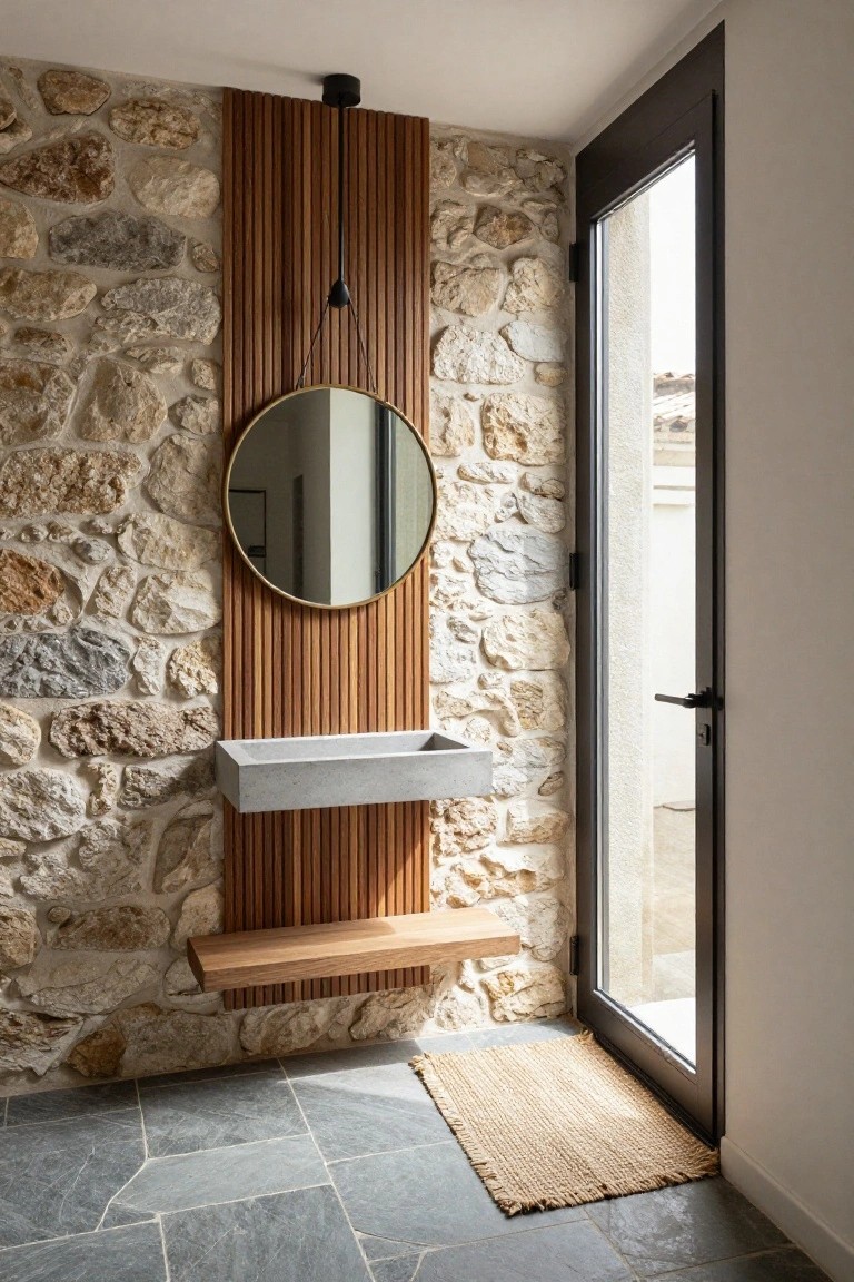 Stone interior wall with vertical wooden slat panel featuring wall-mounted concrete sink, round gold-framed mirror, wooden shelf, black pendant light, slate tile floor, seagrass mat, and black-framed glass door.