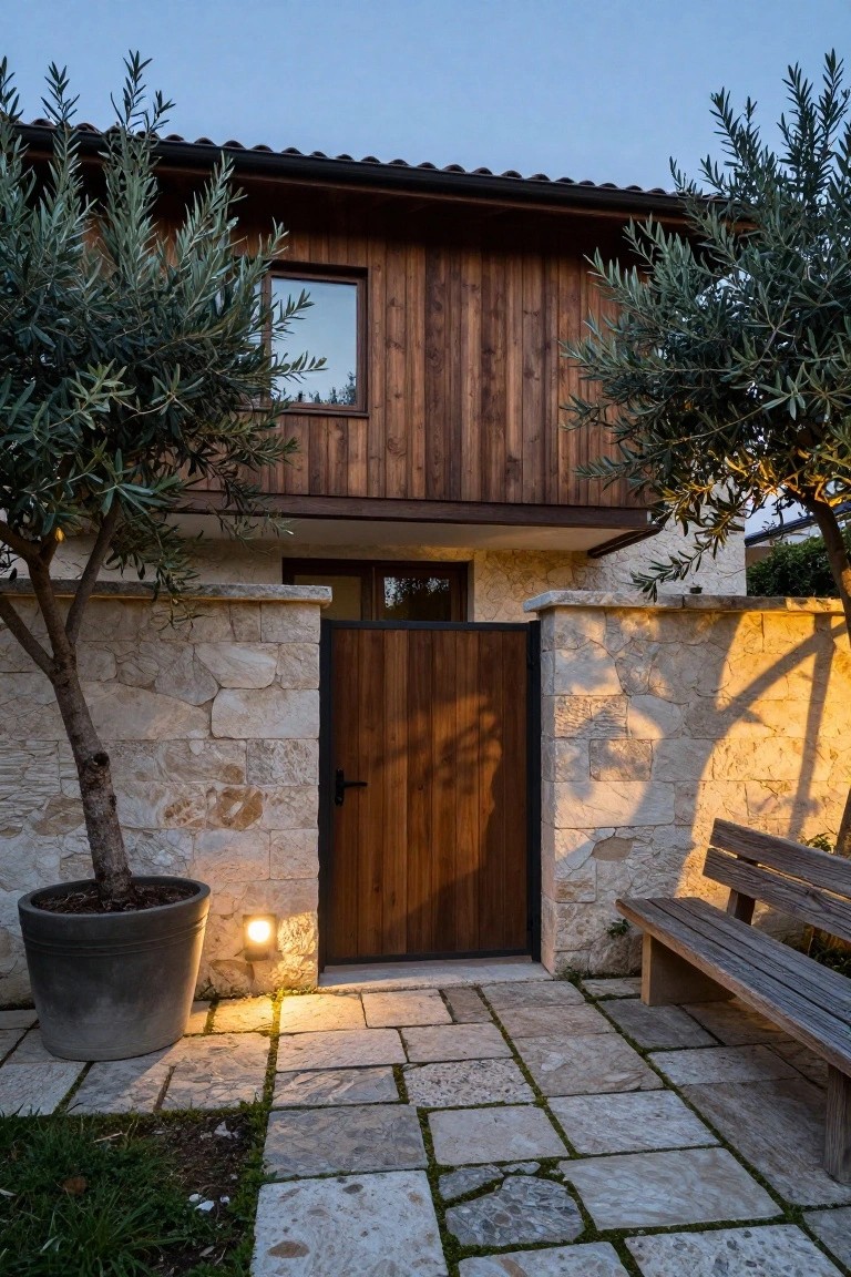 Wooden gate set into a light stone wall at a house exterior, flanked by potted olive trees, with a stone paver pathway, bench, and wall light.
