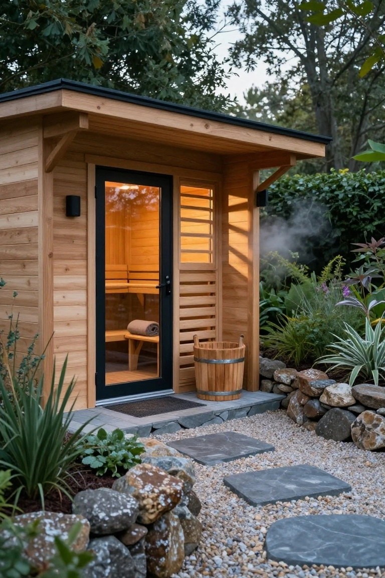 Wooden sauna cabin with slatted exterior, open glass door revealing interior benches and steam, wooden bucket outside, surrounded by plants, stone wall, gravel ground, and slate stepping stones in a garden setting.