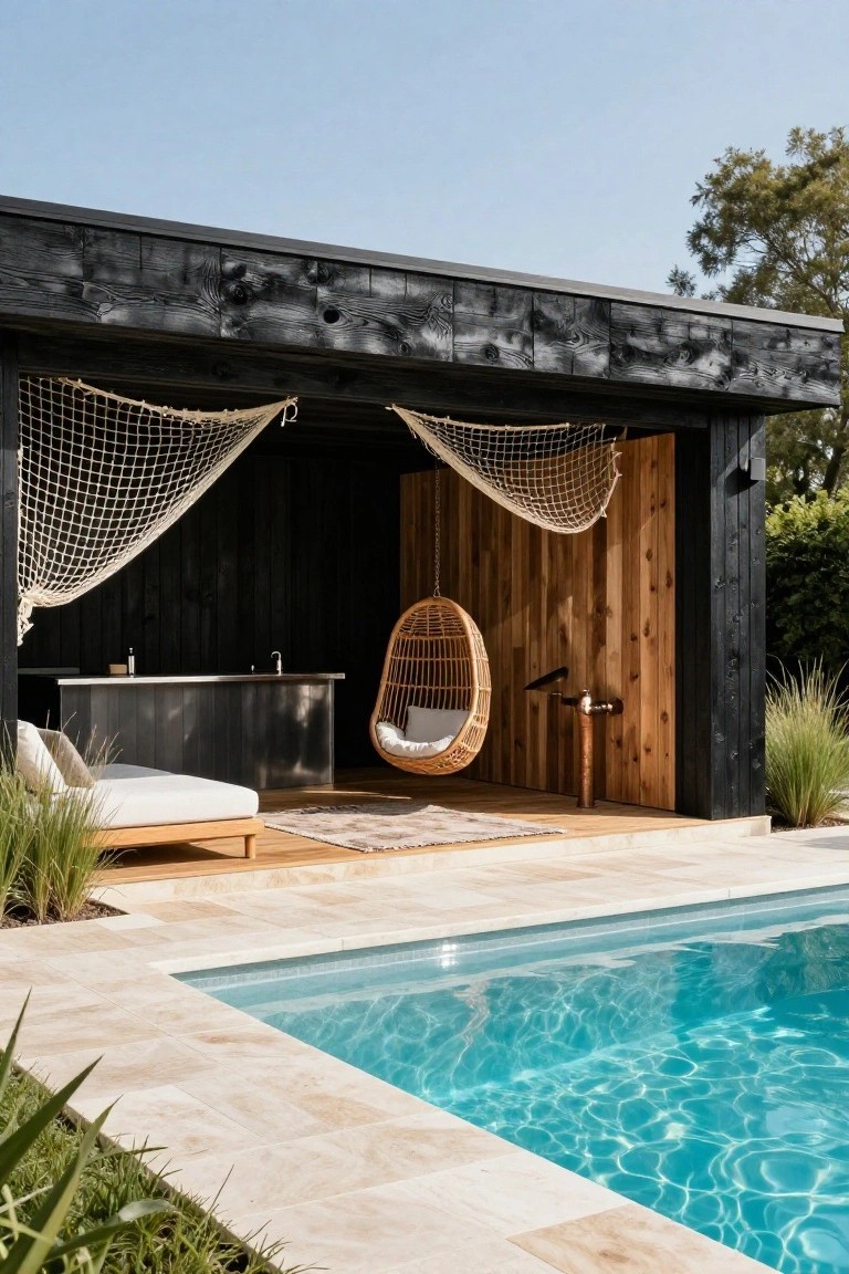 Black timber outdoor pavilion with stainless steel bar counter, rattan hanging chair, draped rope nets, wooden daybed, and adjacent turquoise pool on light stone deck with grasses.