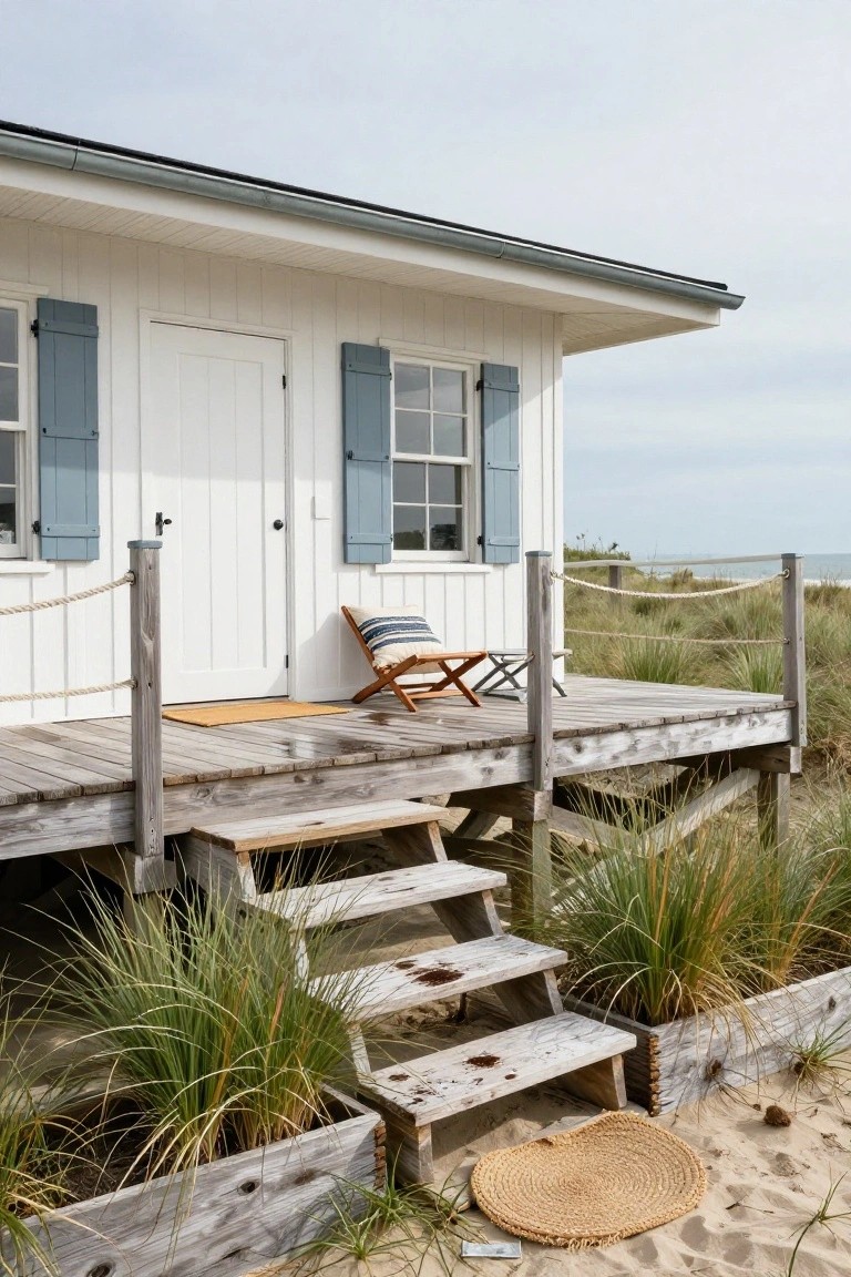 White clapboard house elevated on wooden stilts with a weathered timber deck, rope railings, Adirondack chair, and dune grass nearby on a sandy beach.