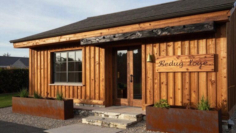 Small cabin exterior with vertical golden timber siding, black-framed windows and door, wooden sign with mountain and horse carving, brass wall lantern, potted plants in metal containers, stone steps, and gravel ground.